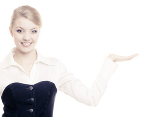 Ad. Businesswoman showing blank copy space