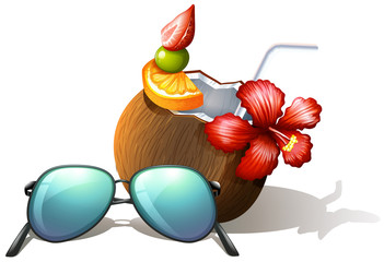 A refreshing drink and a sunglasses for a beach outing