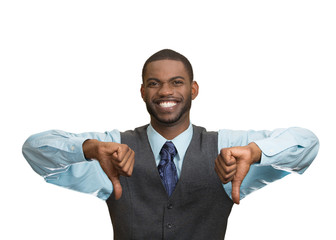 Happy man giving thumbs down, excited about your failure