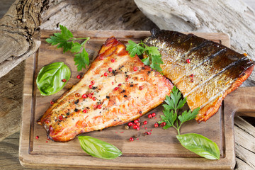 Freshly Smoked Salmon in natural wooden setting