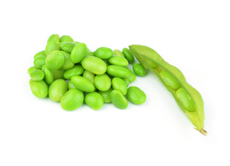 Green soybeans on white background