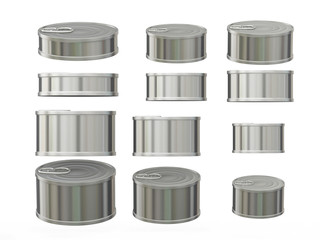 Set of short cylindrical aluminum  tin cans in various sizes, cl