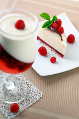 Cake with a raspberry and panna cotta