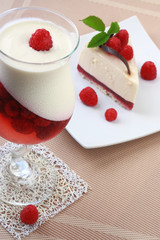 Panna cotta and cake with a raspberry