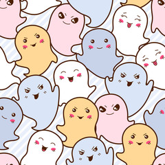 Seamless kawaii cartoon pattern with cute ghosts.