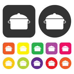 Pot icon. Kitchen symbol. Round and rectangle colourful 12 butto