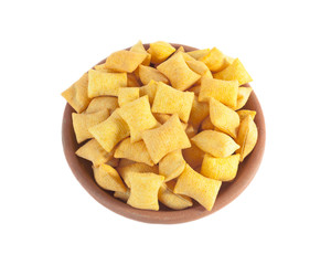 Delicious snack chips in clay bowl isolated on white