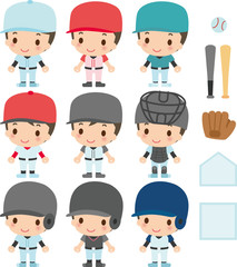 9人の野球選手と道具