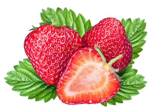 Strawberry fruits with leaves. File contains clipping paths.