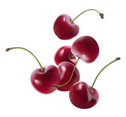 Group of flying cherries isolated on white background