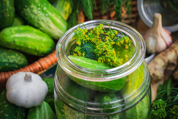 closeup jar pickles other ingredients pickling