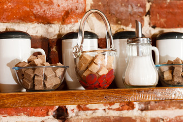 shelf with cups on kitchen
