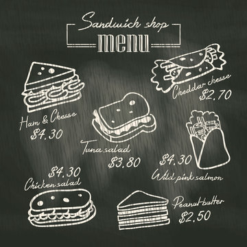 Sandwich doodle menu drawing on chalk board background