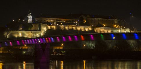 Fototapeta na wymiar Petrovaradin Fortress above the Rainbow Bridge Novi Sad, Serbia.