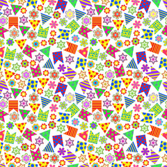 Seamless pattern of colored flags and flowers