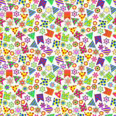Seamless pattern of colored flags and flowers