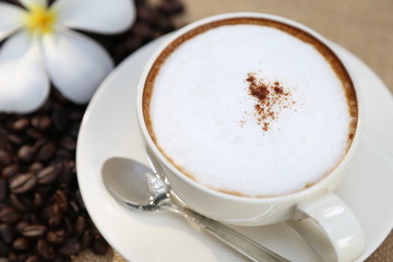 Cappuccino coffee cup and beans