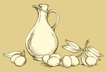 Vector drawing. Still life of oil in jug and olives sprigs