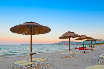 beach chairs and parasols