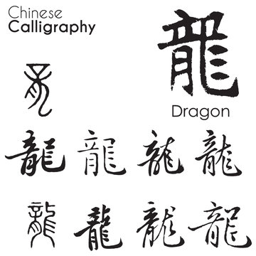 Naklejki "Dragon" character in different kind of Chinese Calligraphy 