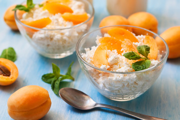 cottage cheese with apricot  and mint in blue