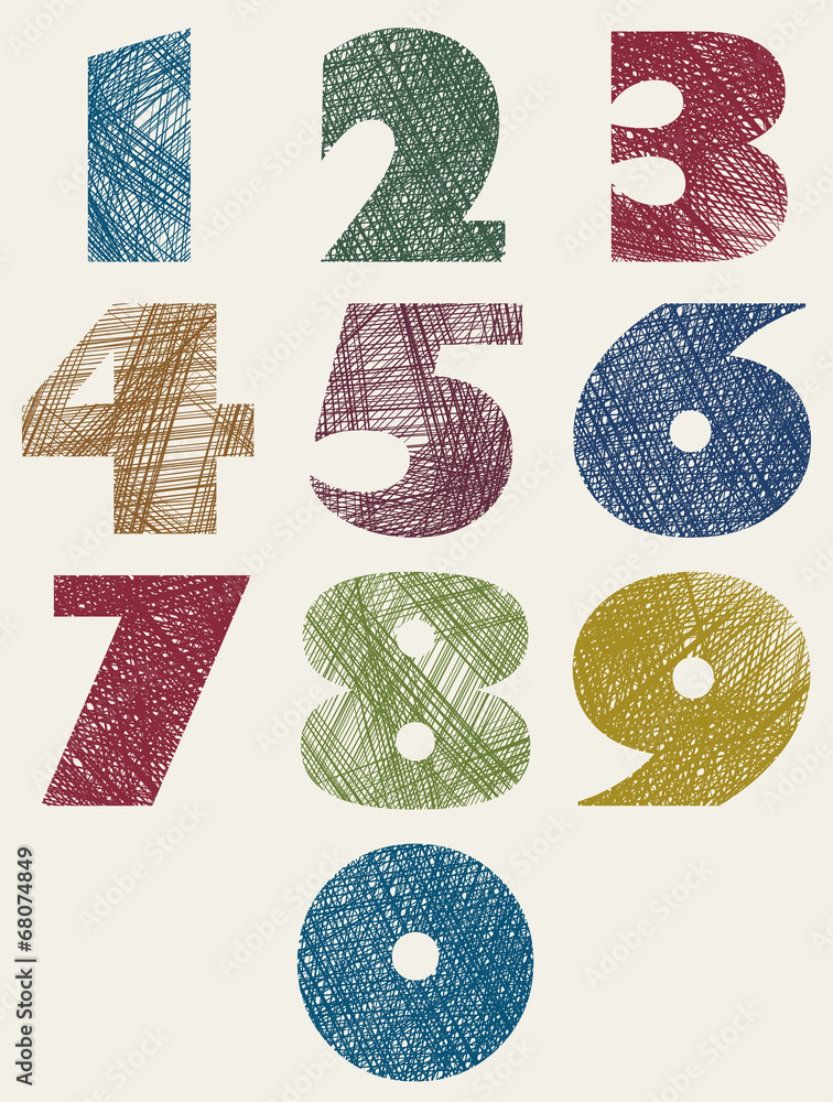 Poster hand drawn and sketched color bold numbers set, vector sketch