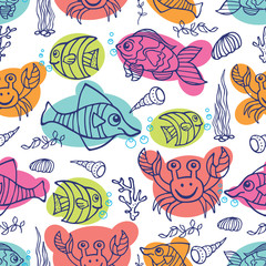 Doodle seamless pattern .Sea Life.Fish and crabs