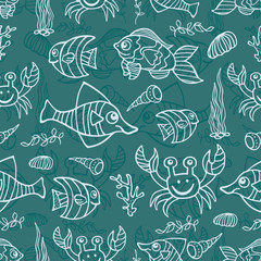 Doodle seamless pattern .Sea Life.Fish and crabs