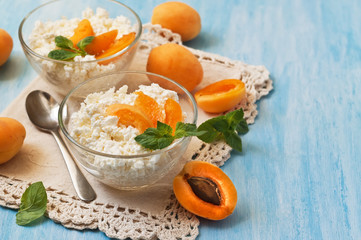 cottage cheese with apricot  and mint in blue