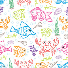 Fototapeta premium Doodle seamless pattern .Sea Life.Fish and crabs