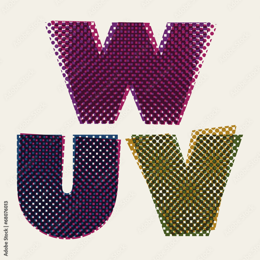 Poster halftone dots font, grunge color pixels print texture letters
