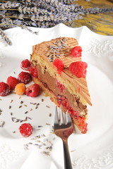 Chocolate mousse cake with raspberries and lavender