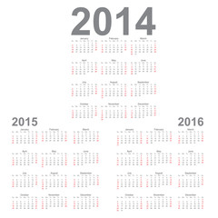 Simple Calendar year 2014, 2015, 2016, vector