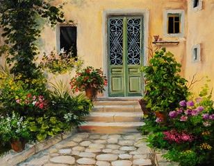 Fototapeta na wymiar oil painting - house with patio