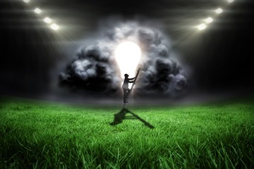 Composite image of businessman climbing up ladder