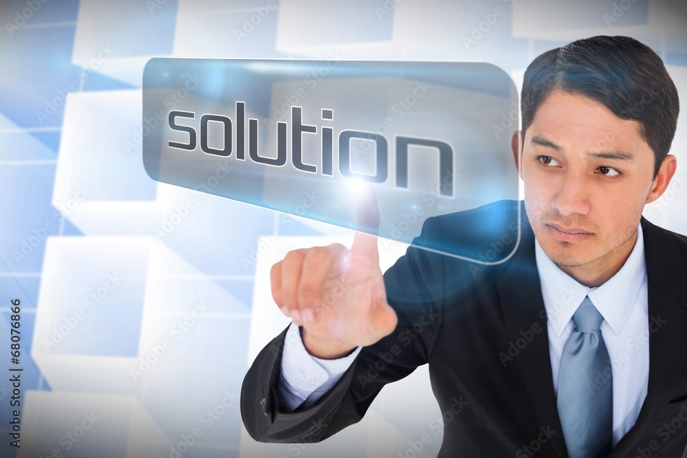 Poster businessman pointing to word solution