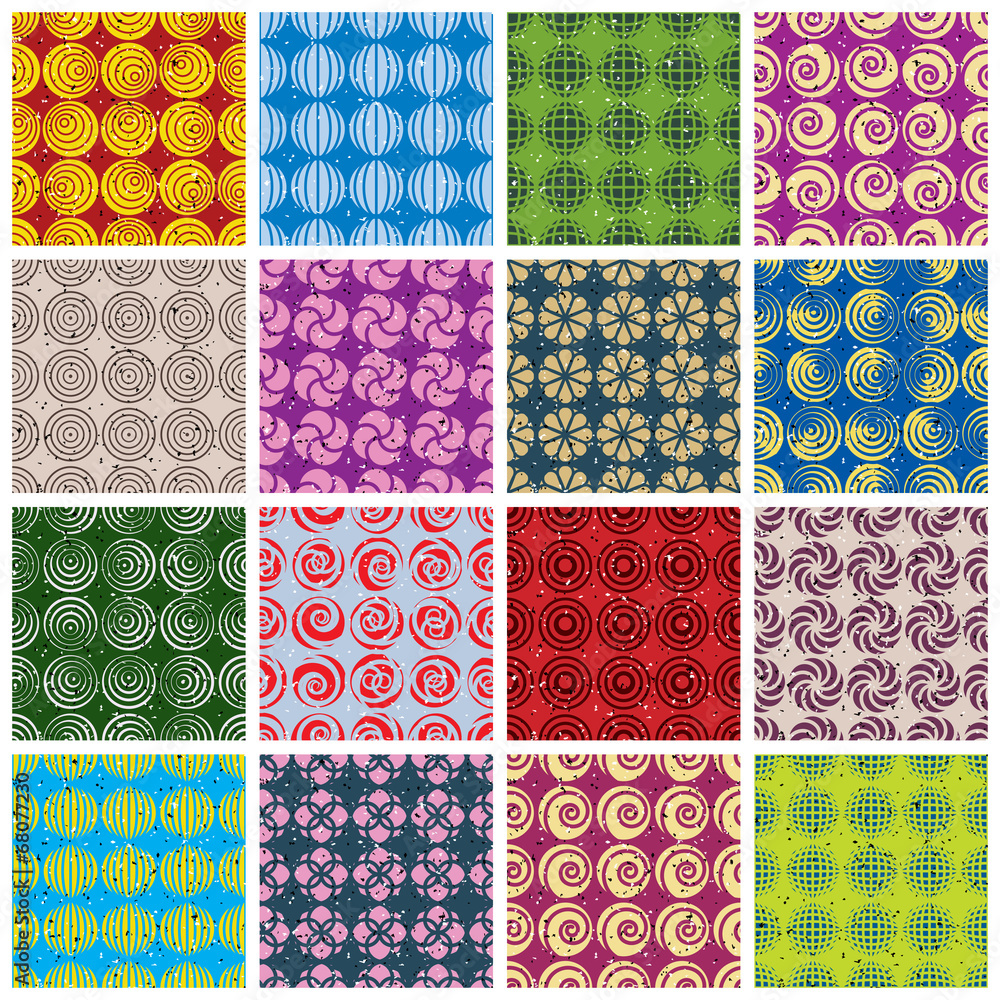 Poster colorful retro style tiles seamless patterns set.