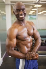 Fototapeta na wymiar Smiling shirtless muscular man posing in gym
