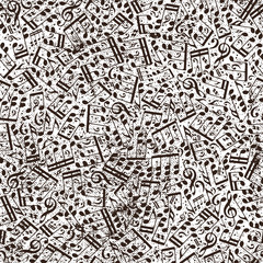 Music seamless pattern with notes and old texture.