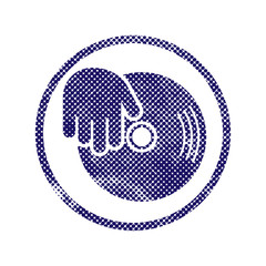 Vinyl and dj hand icon with halftone dots print texture.