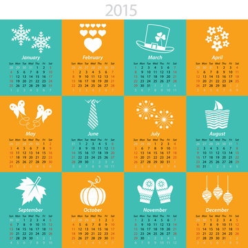 2015 calendar with months and  holiday icons