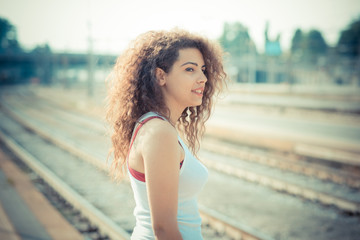 young beautiful long curly hair hipster woman