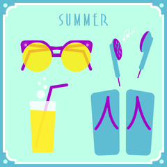 Blue summer card with sunglasses, headphones, cocktail and shoes