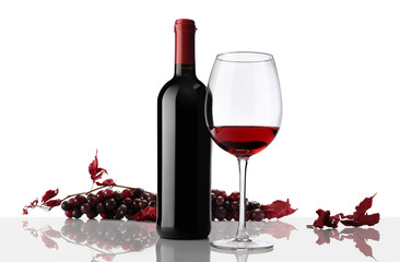 composition of wine bottle and glass with bunch of grapes on whi