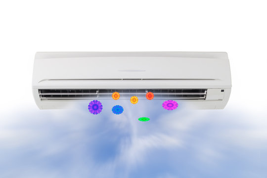 Air conditioner and wind or air flow to show cool and fresh. AC indoor unit or evaporator and wall-mounted. That is part of mini split system or ductless system type. Isolated on white background.