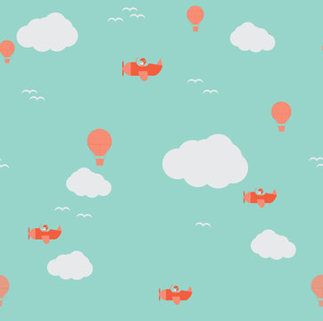 Seamless retro  pattern of balloons and planes, vector illustrat