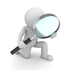 3d man holding magnifying glass isolated over white background
