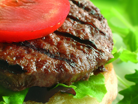 burger on bun with tomato and lettuce