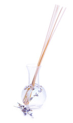 Lavender oil with flowers, isolated on white