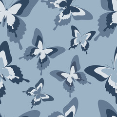 Seamless pattern with black, white and grey butterflies